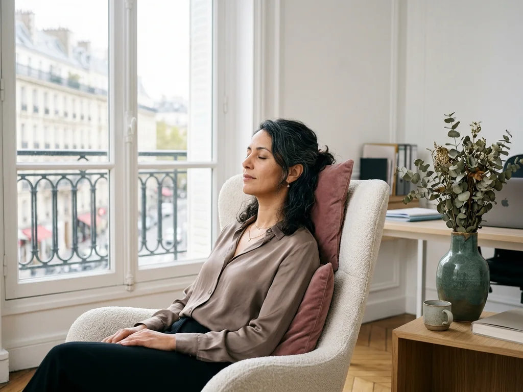 Femme sereine en séance d'hypnose à Lyon, retrouvant son équilibre intérieur et son apaisement.