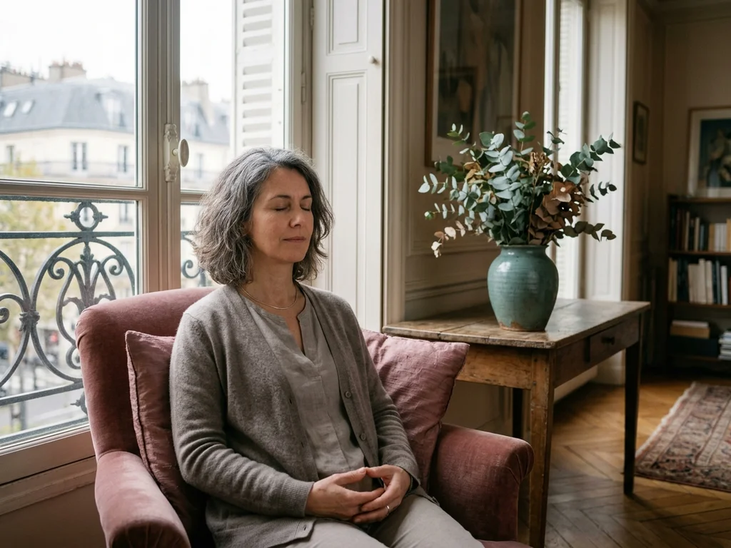 Une femme apaisée en séance d'hypnose dans un cabinet lyonnais lumineux favorisant l'équilibre intérieur.