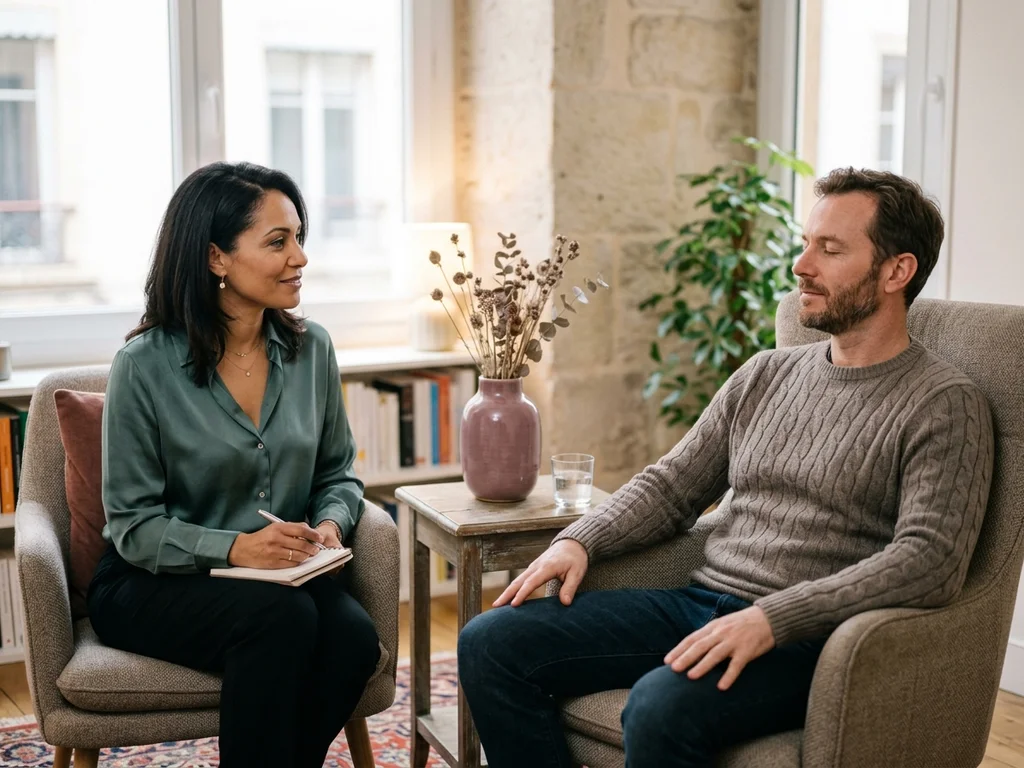 Hypnothérapeute à Lyon guidant un patient pour traiter le stress et les troubles émotionnels.