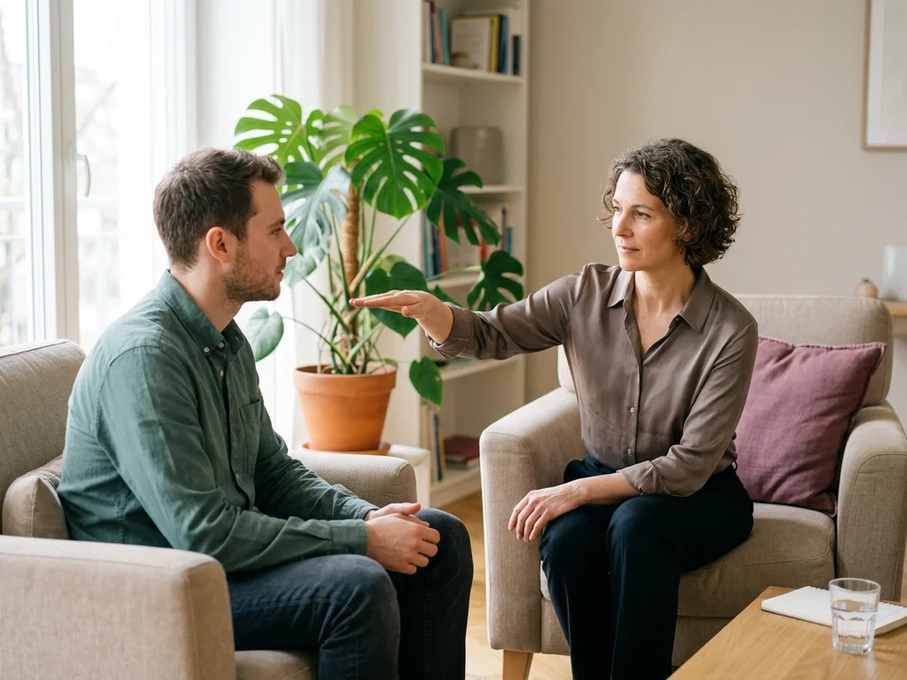 Thérapeute guidant les mouvements oculaires d'un patient pour une séance d'EMDR apaisante à Lyon.